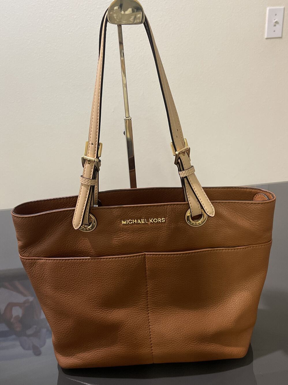 Michael Kors Bedford Pebbled Leather Brown Top Zip Pocket Handbag Tote Bag